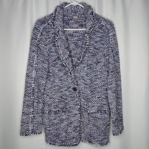 Chico's Woven Blazer Jacket Large Blue White Purple Fringed Pockets One Button